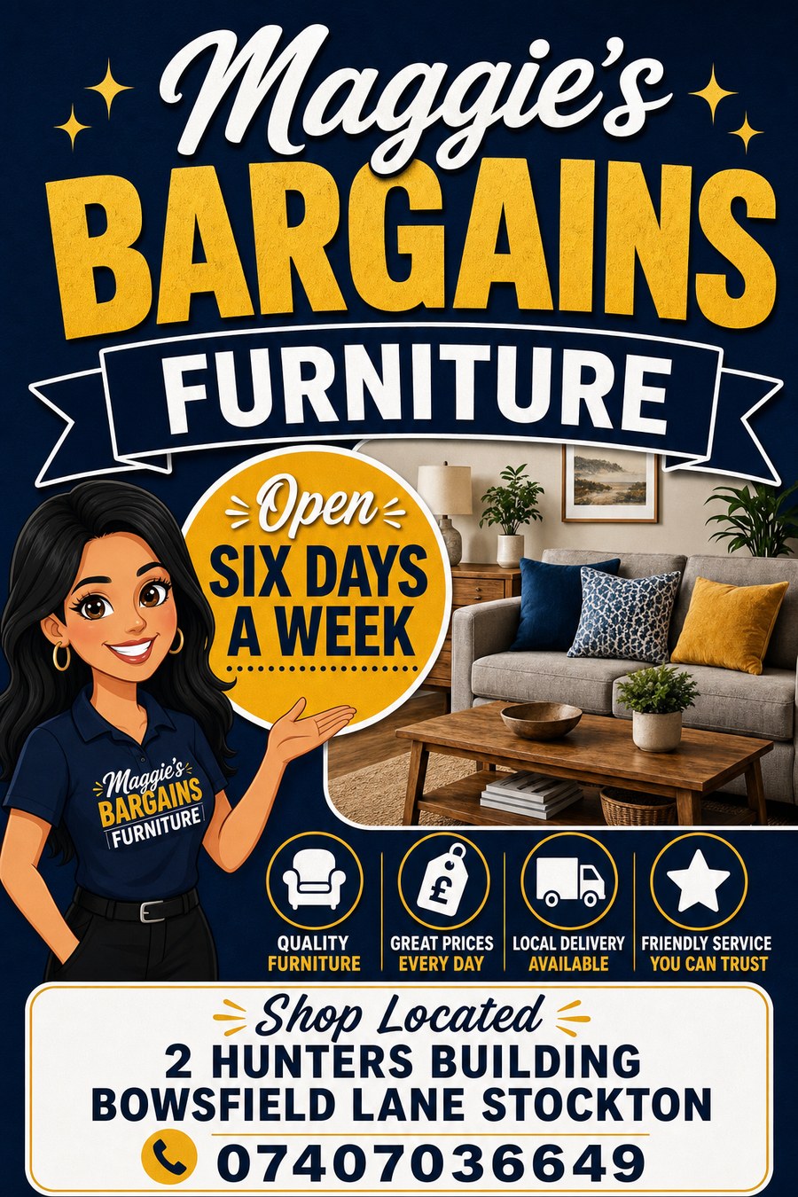 Maggie's Bargains Furniture flyer — open six days a week, quality furniture, great prices, local delivery
