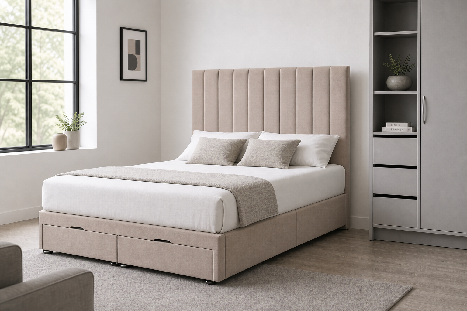Upholstered bed with channel-tufted headboard