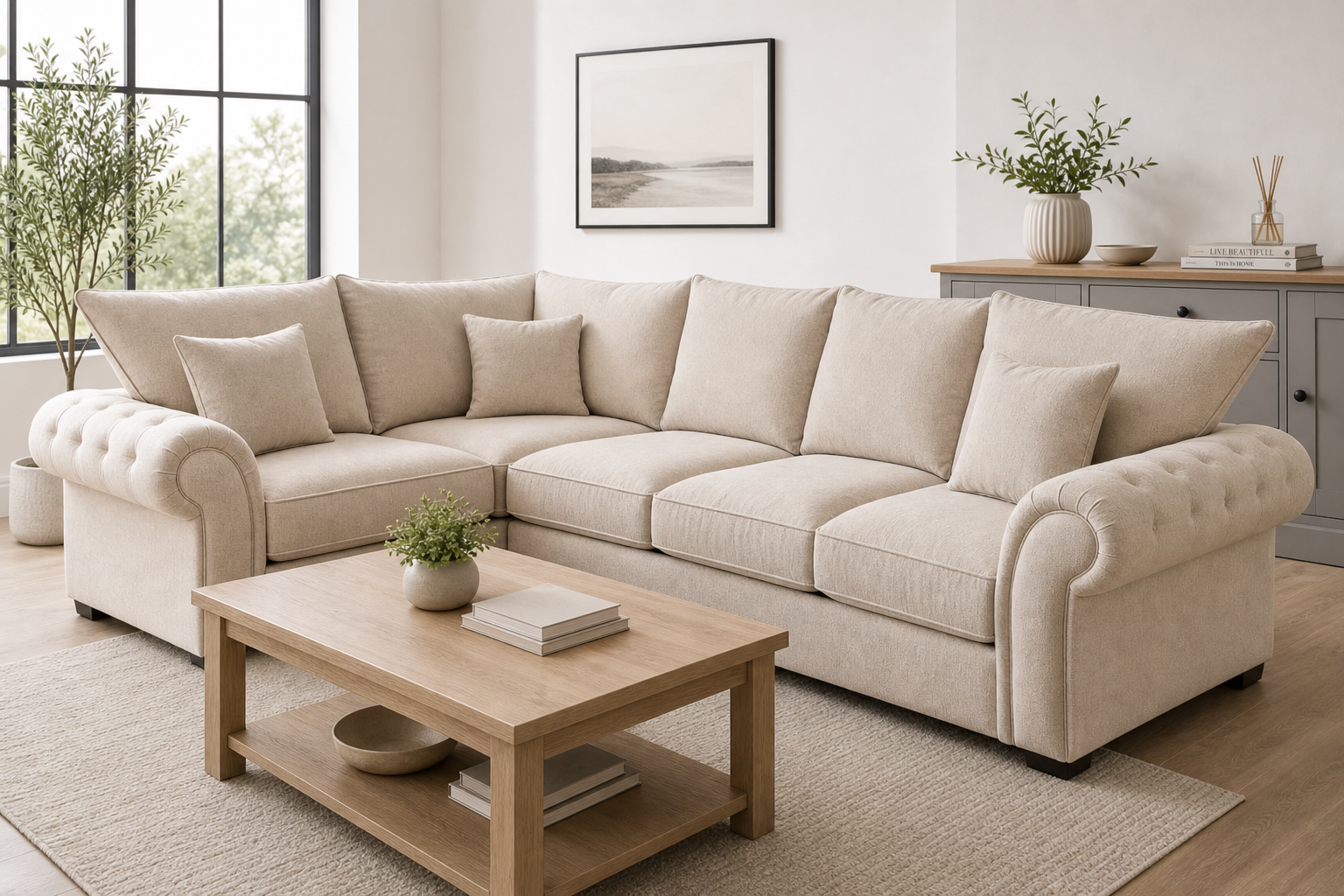 Cream corner sofa in a bright living room setting