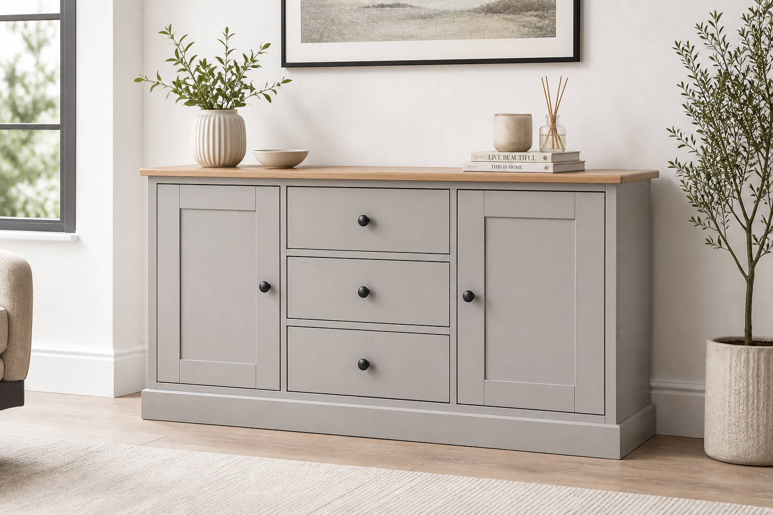 Grey and oak sideboard