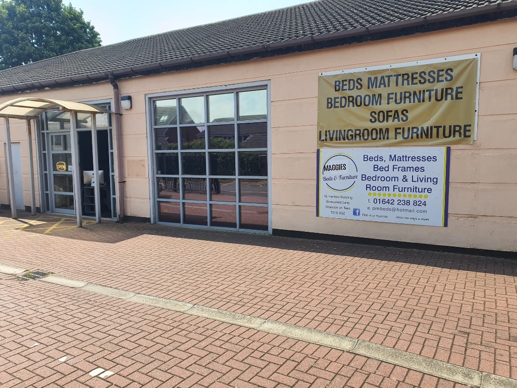 MB Furniture shop front on Bowesfield Lane with Maggies Beds & Furniture signage